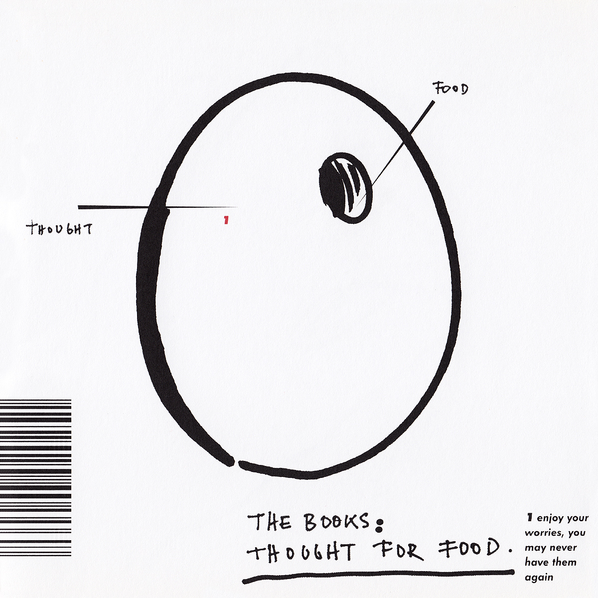 The Books: Though For Food (2002) cover art is an egg shape labeled 'thought' and a cavity labeled 'food'